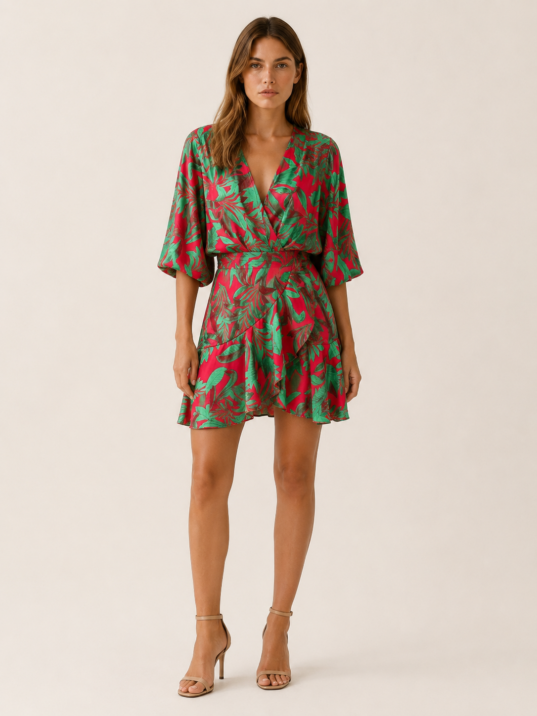 Aveline | Printed Mini Dress with Batwing Sleeves and Tie Waist
