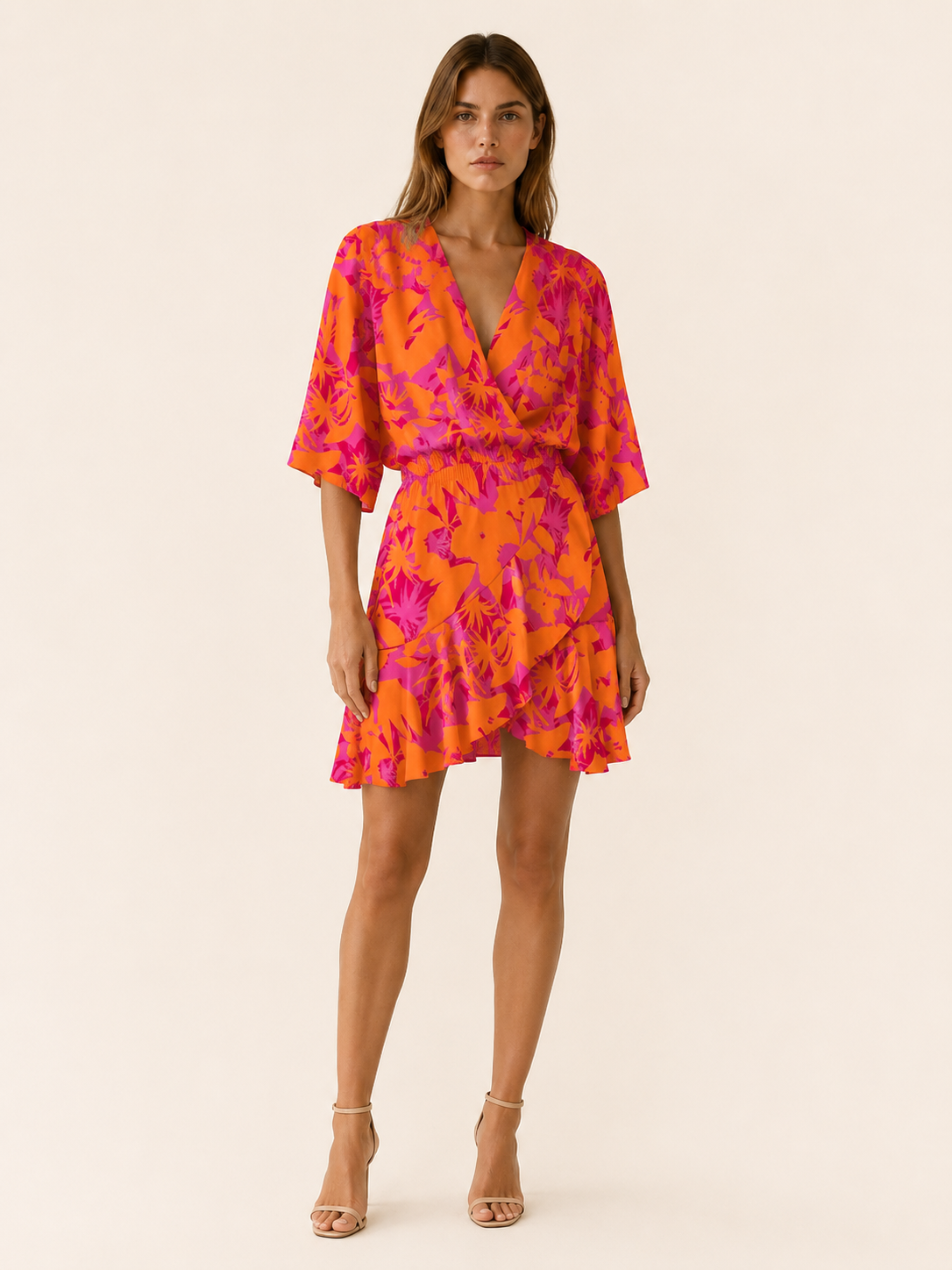 Aveline | Printed Mini Dress with Batwing Sleeves and Tie Waist