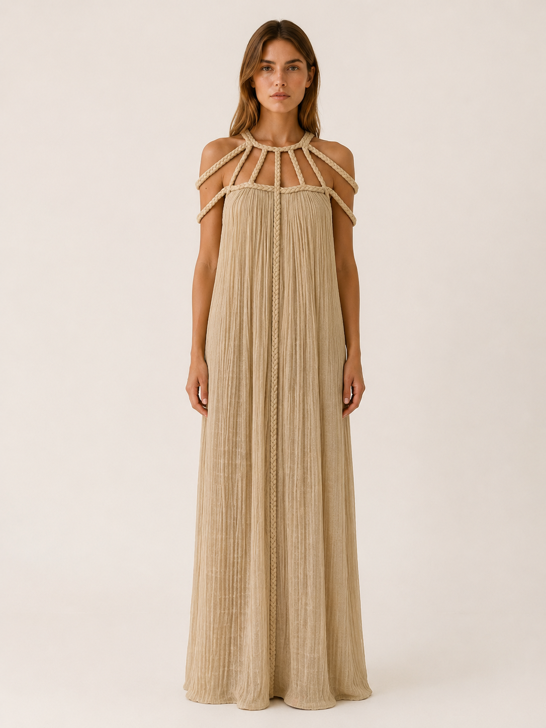 Avira | Boho Maxi Dress with Braided Straps Column Fit