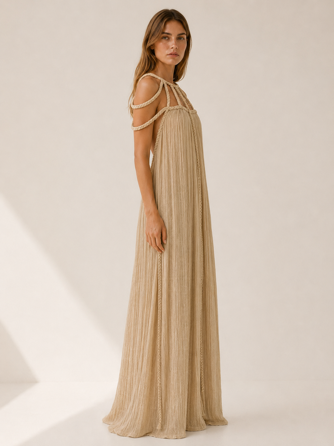 Avira | Boho Maxi Dress with Braided Straps Column Fit