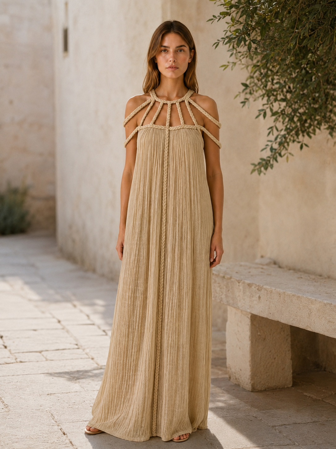 Avira | Boho Maxi Dress with Braided Straps Column Fit
