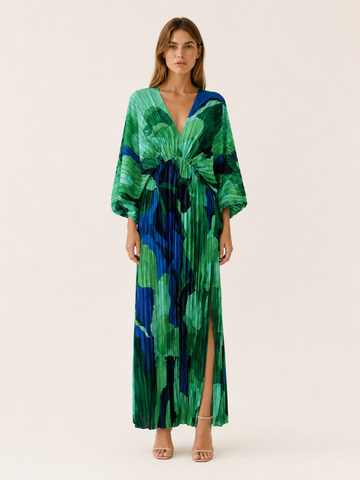 Aviva | Pleated Maxi Dress with V Neck and Side Slit