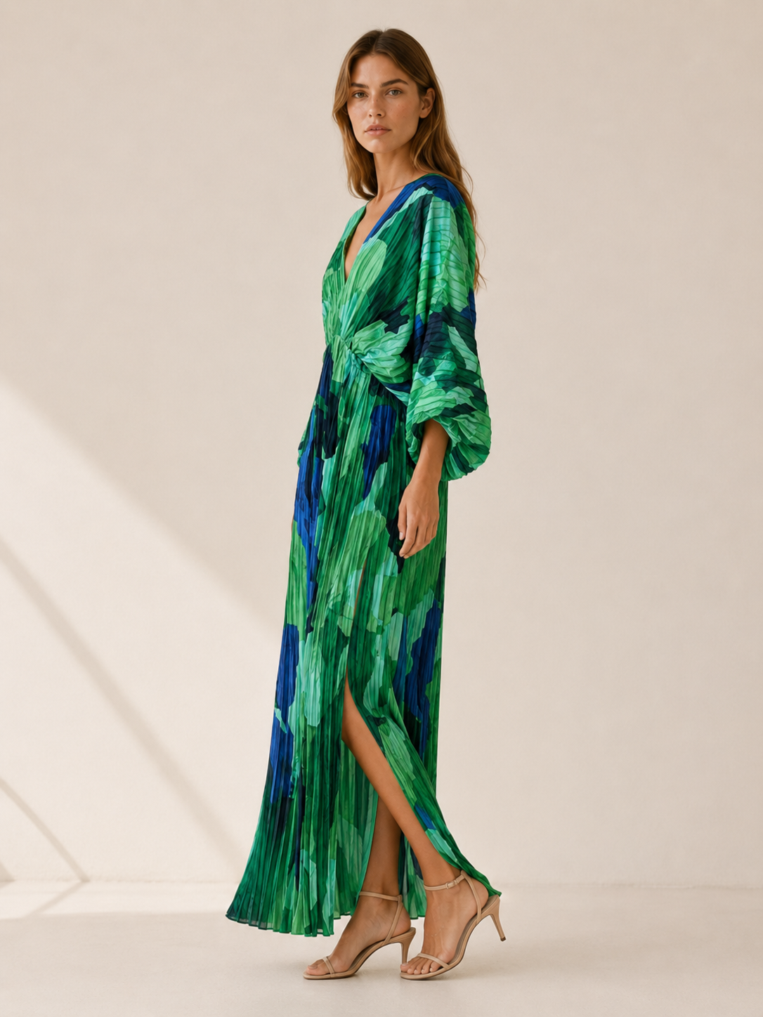 Aviva | Pleated Maxi Dress with V Neck and Side Slit