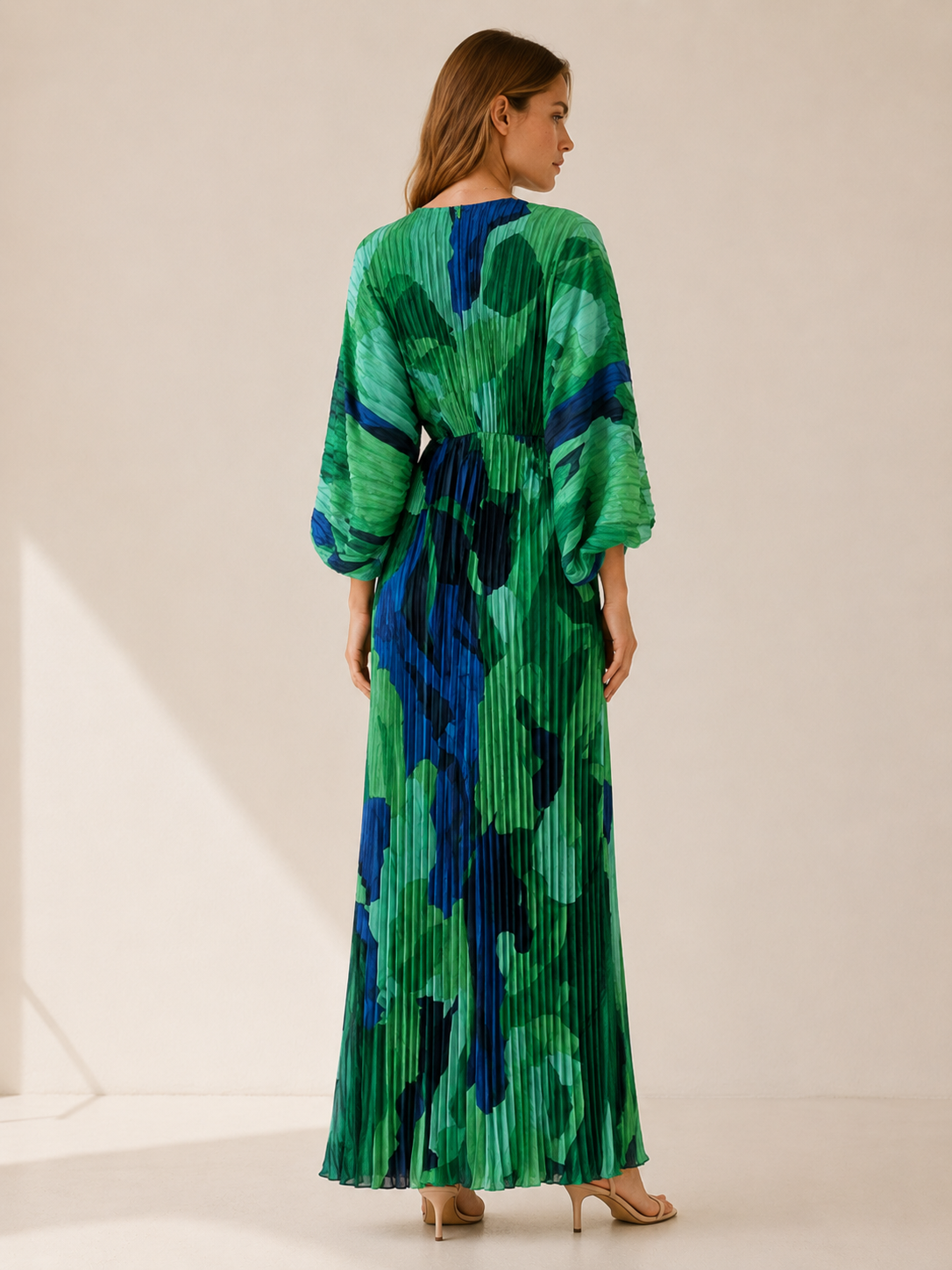 Aviva | Pleated Maxi Dress with V Neck and Side Slit
