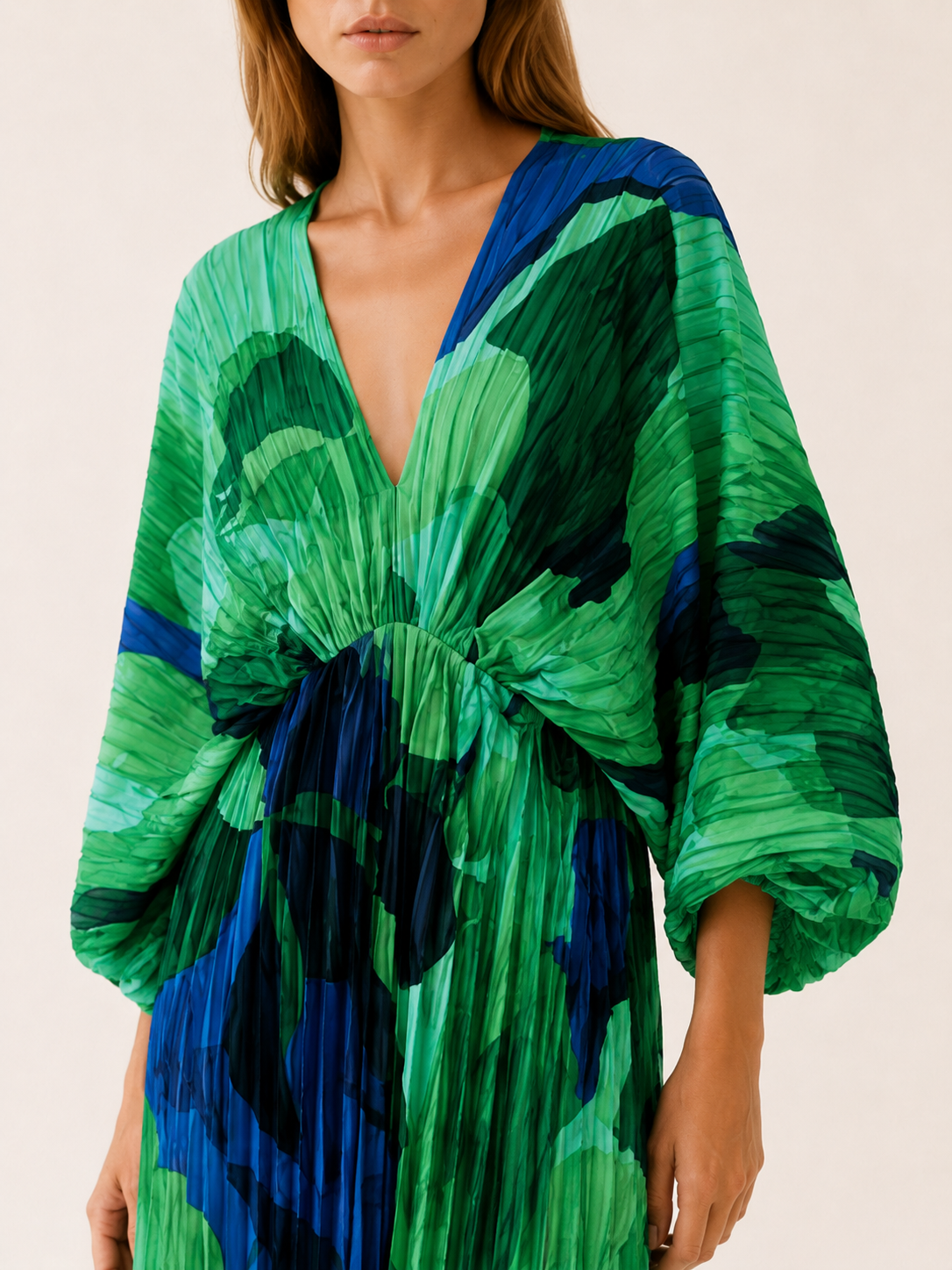 Aviva | Pleated Maxi Dress with V Neck and Side Slit