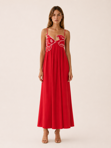 Baylor | Summer Fish Print Maxi Dress with Spaghetti Straps