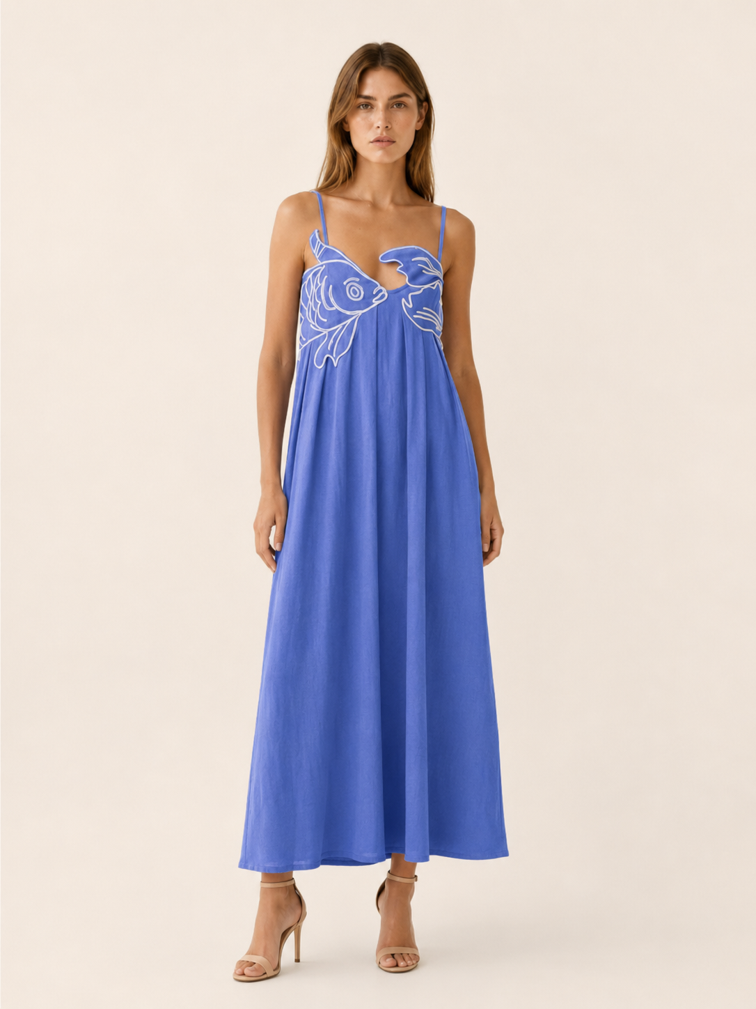 Baylor | Summer Fish Print Maxi Dress with Spaghetti Straps
