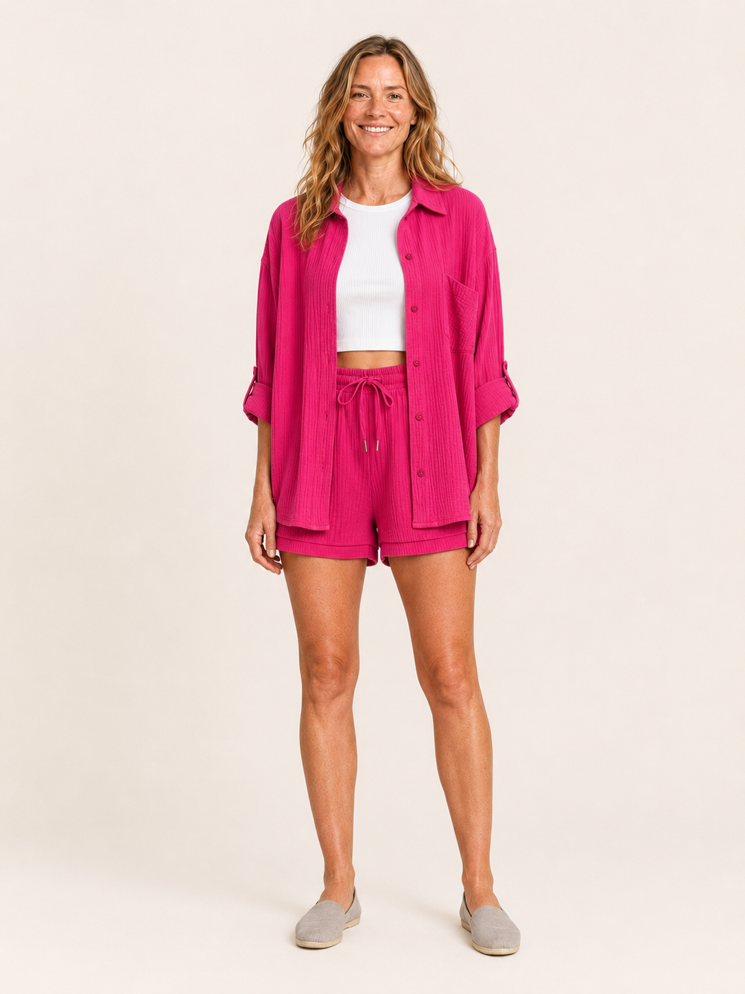 Bea | Women's Button Front Shirt and Shorts Two Piece Set
