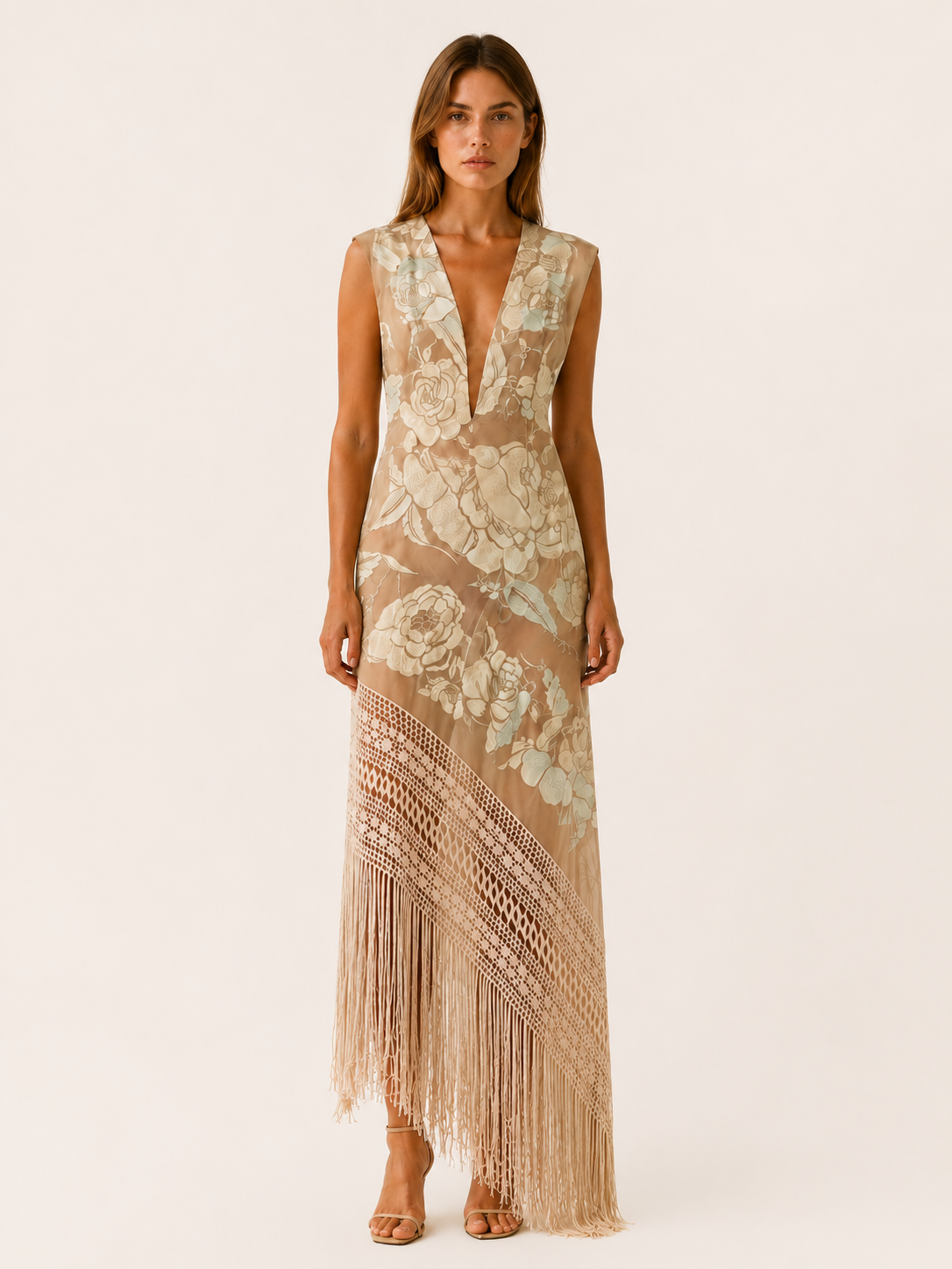 Bravelle | Asymmetric Maxi Dress with V Neckline and Tassel Hem