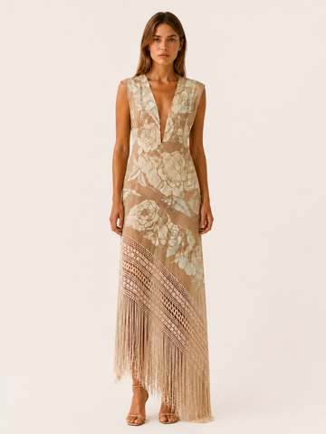 Bravelle | Asymmetric Maxi Dress with V Neckline and Tassel Hem