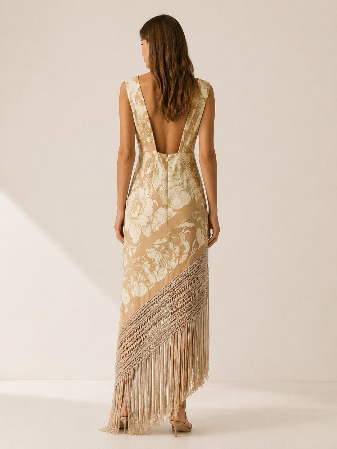 Bravelle | Asymmetric Maxi Dress with V Neckline and Tassel Hem