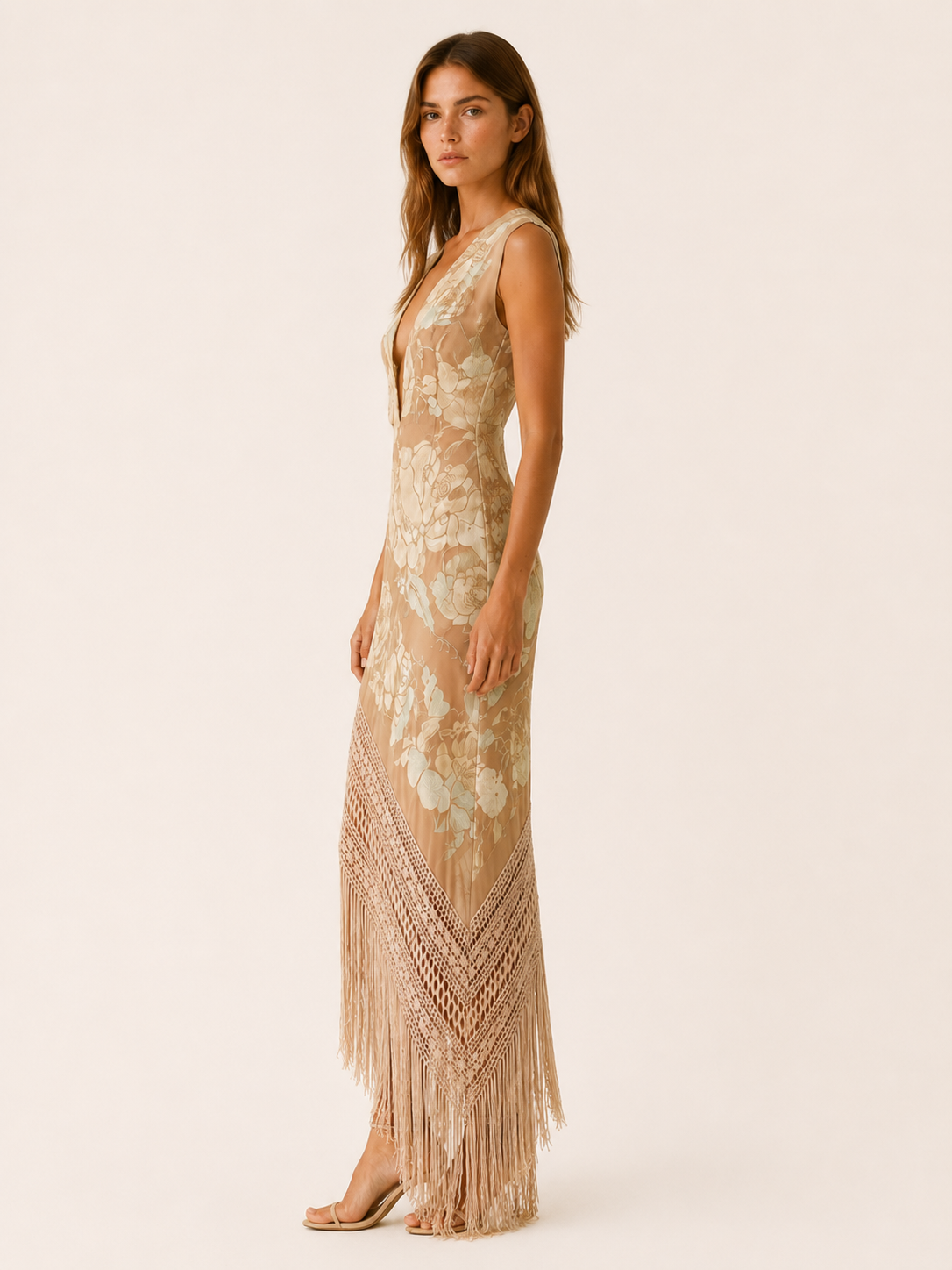 Bravelle | Asymmetric Maxi Dress with V Neckline and Tassel Hem