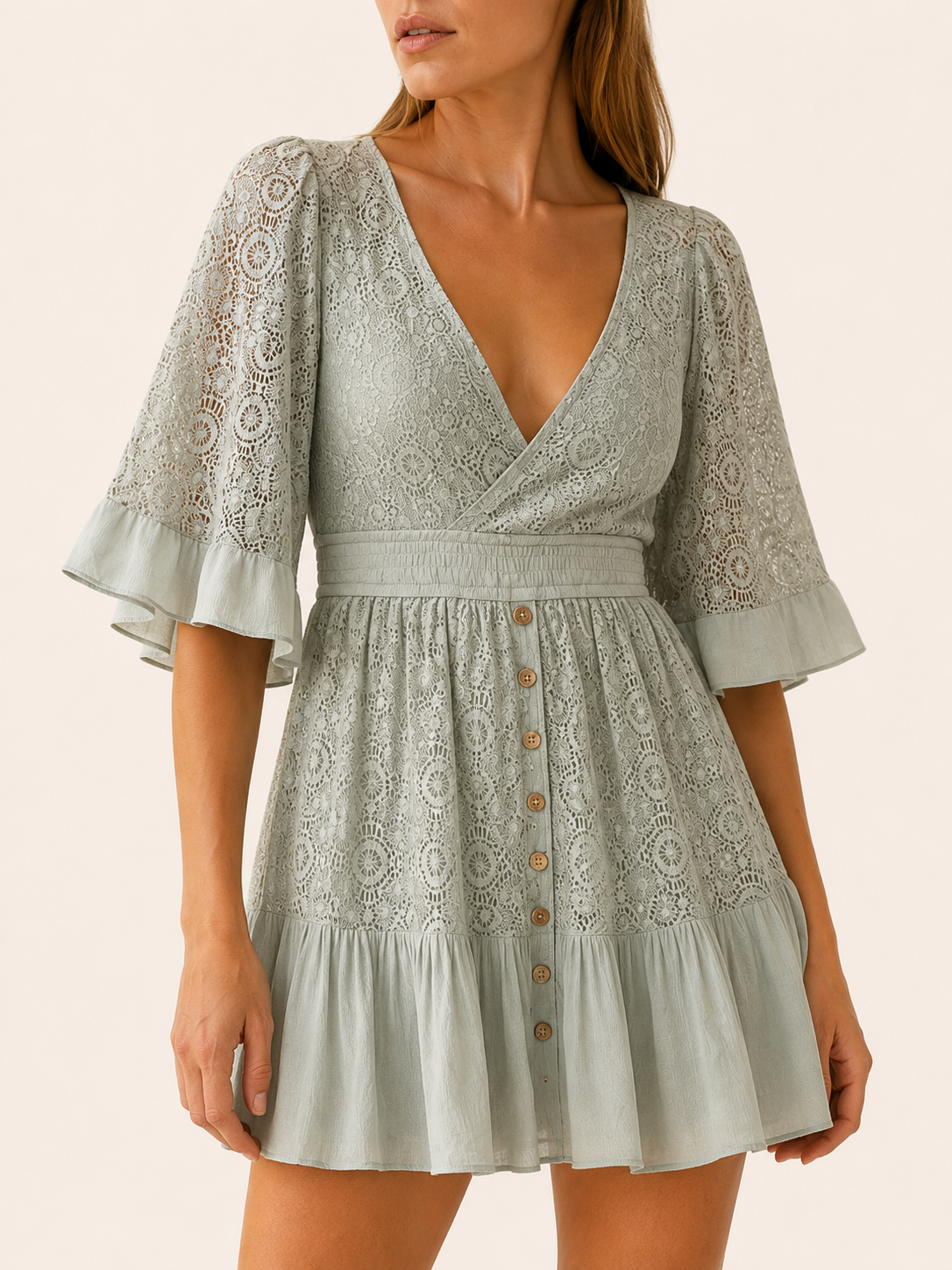 Breslyn | Mini Dress with V Neck Ruffle Sleeve Detail