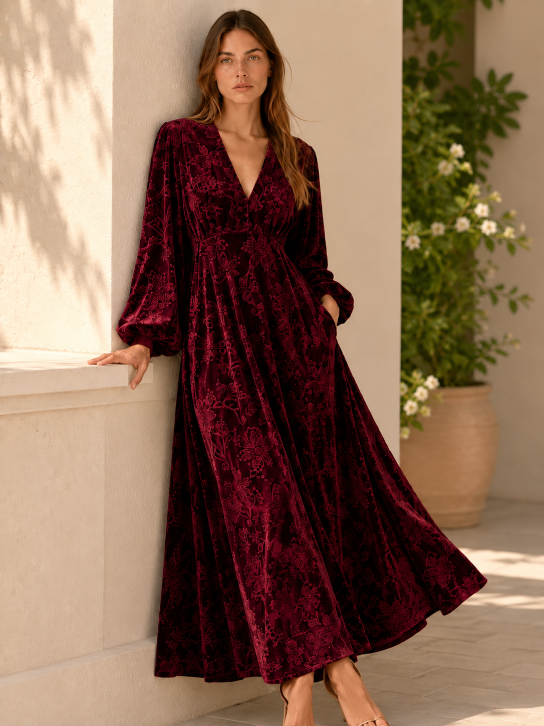 Brietta | Velour Maxi Dress with V Neck Detail