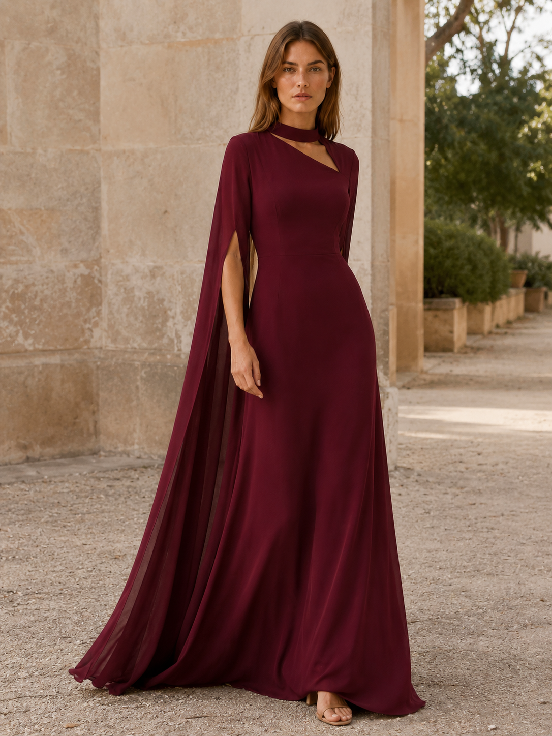 Calina | Chiffon Maxi Dress with Cape Sleeves