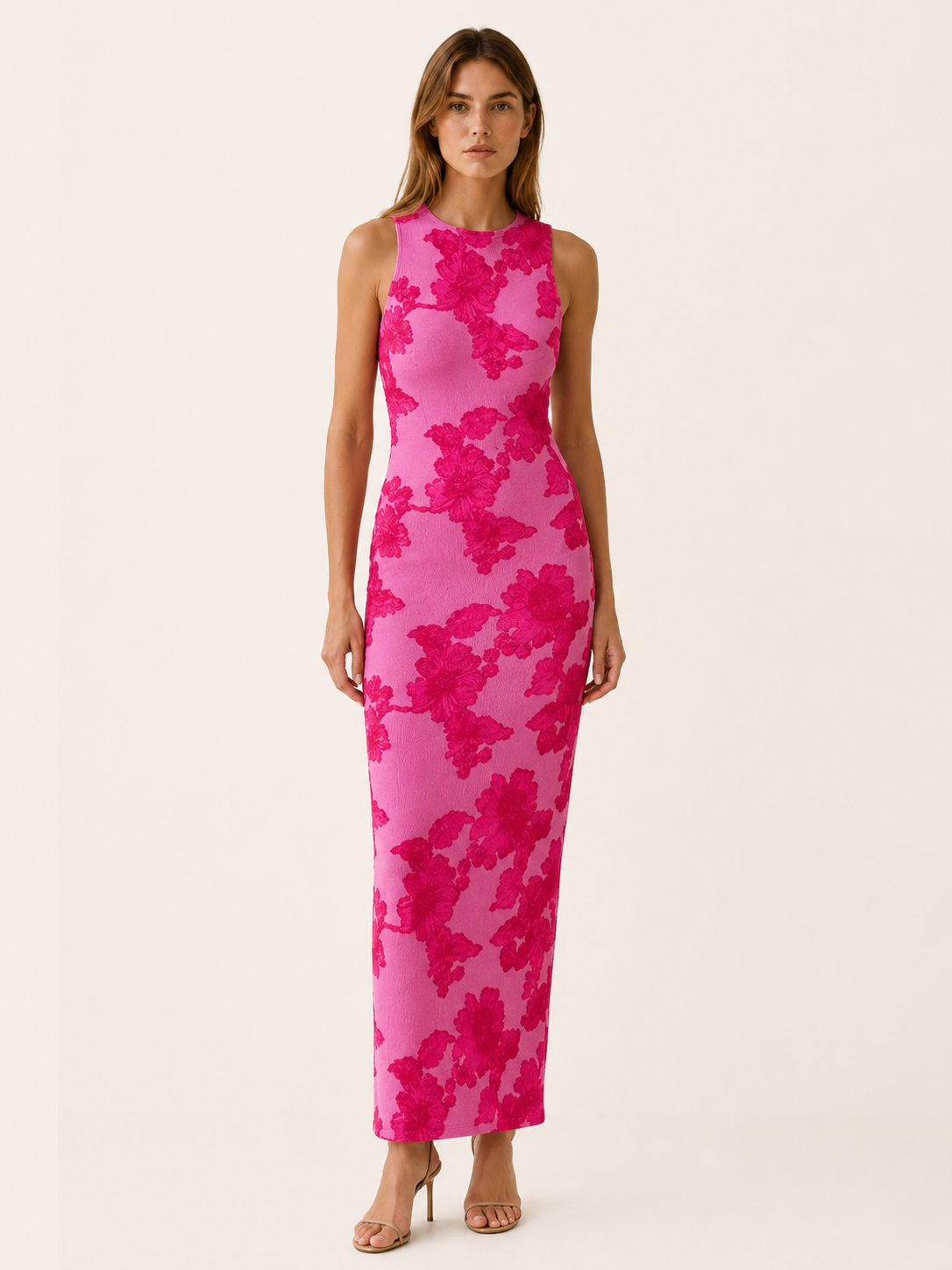 Caressa | Embroidered Maxi Dress with Racer Neck Bodycon Fit