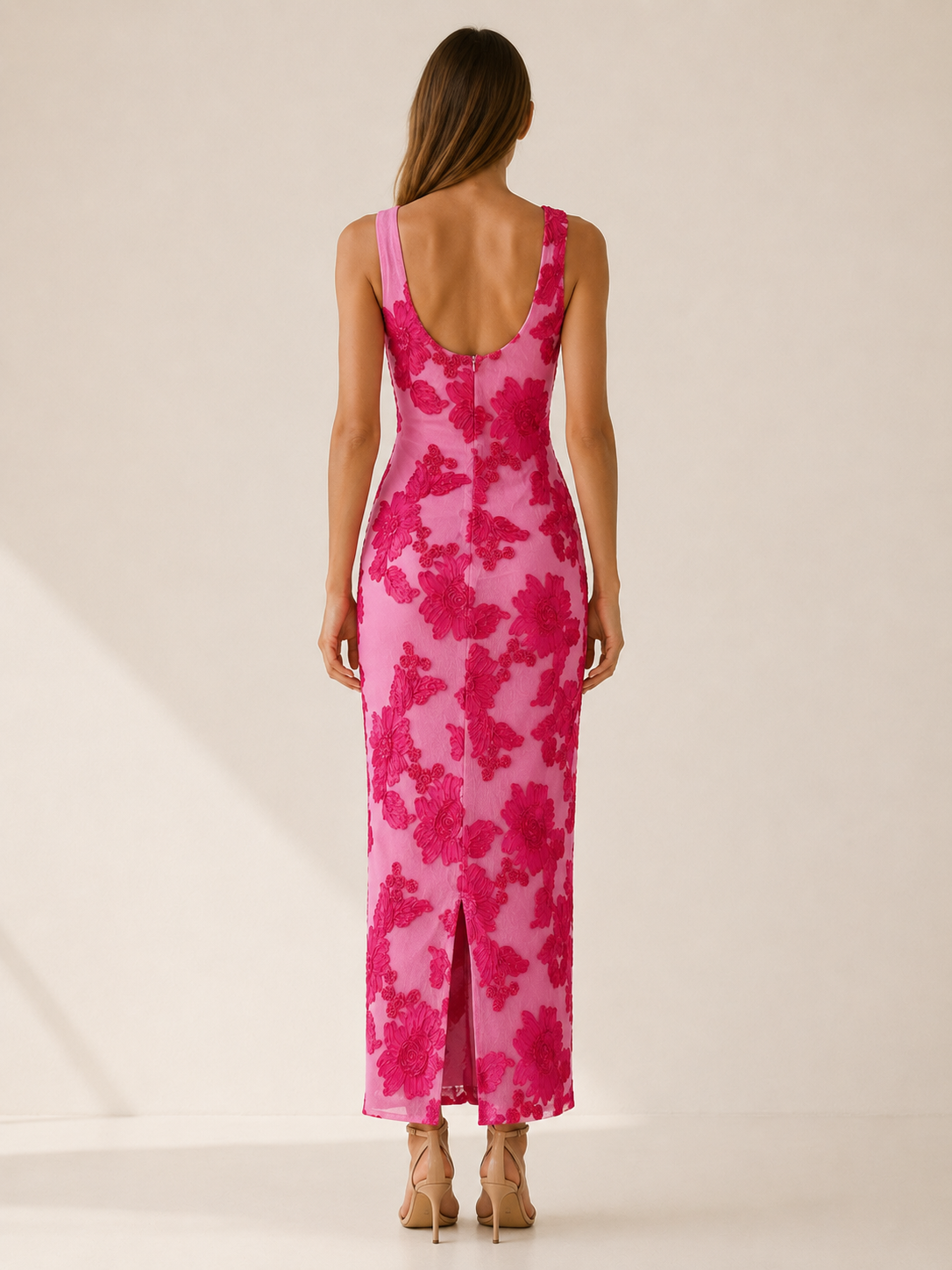 Caressa | Embroidered Maxi Dress with Racer Neck Bodycon Fit