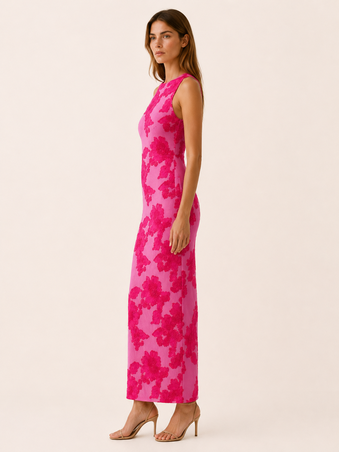 Caressa | Embroidered Maxi Dress with Racer Neck Bodycon Fit