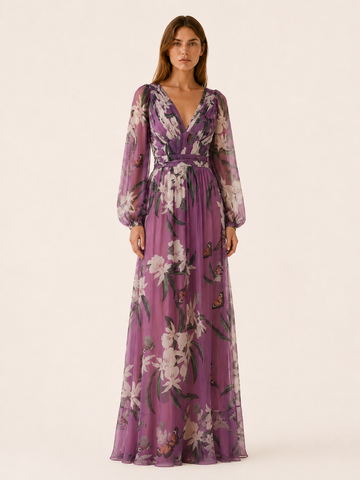 Cecilia | Maxi Dress with V Neck Long Sleeve Detail