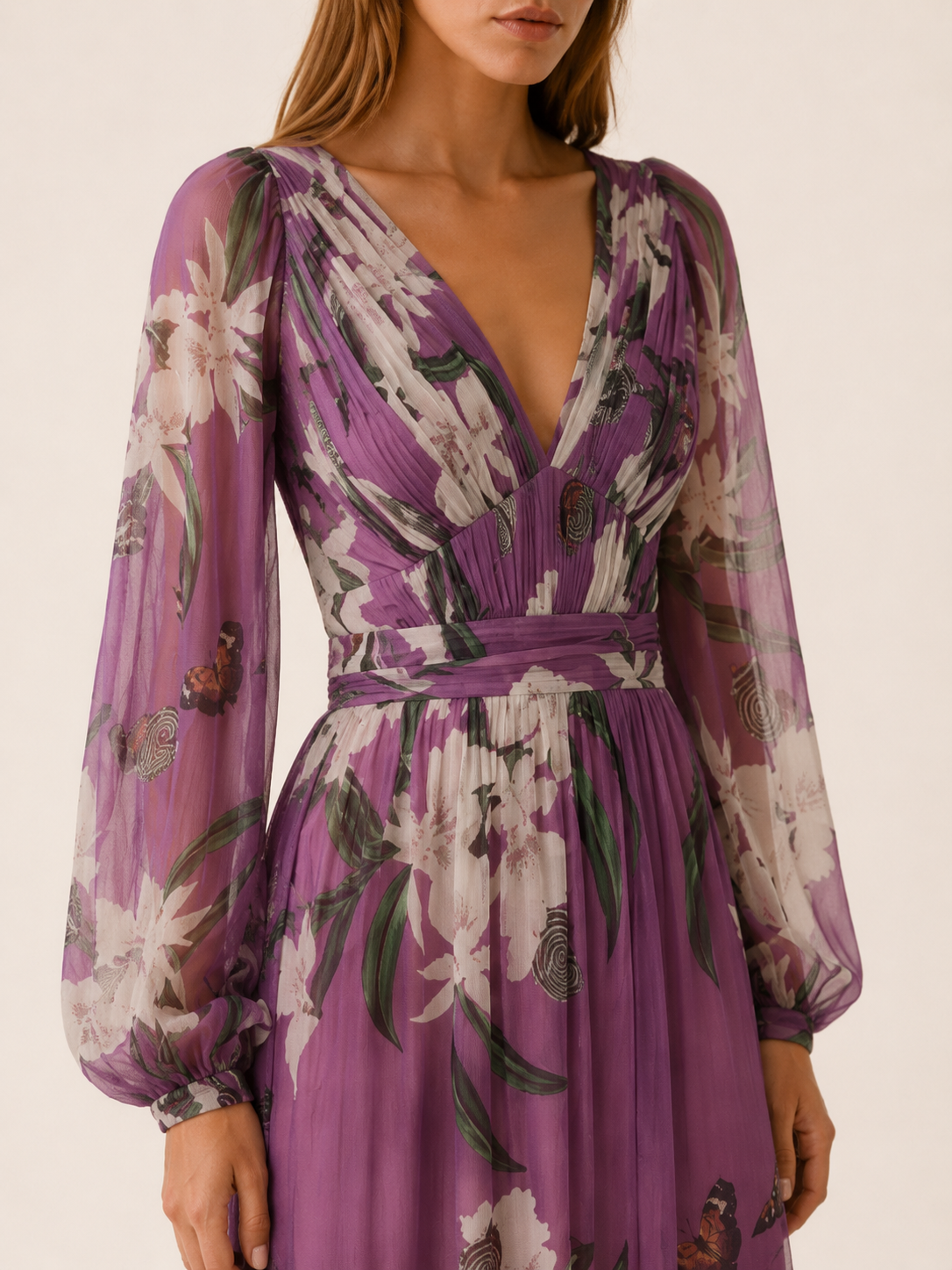 Cecilia | Maxi Dress with V Neck Long Sleeve Detail