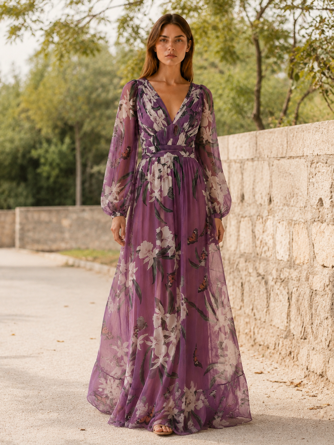 Cecilia | Maxi Dress with V Neck Long Sleeve Detail