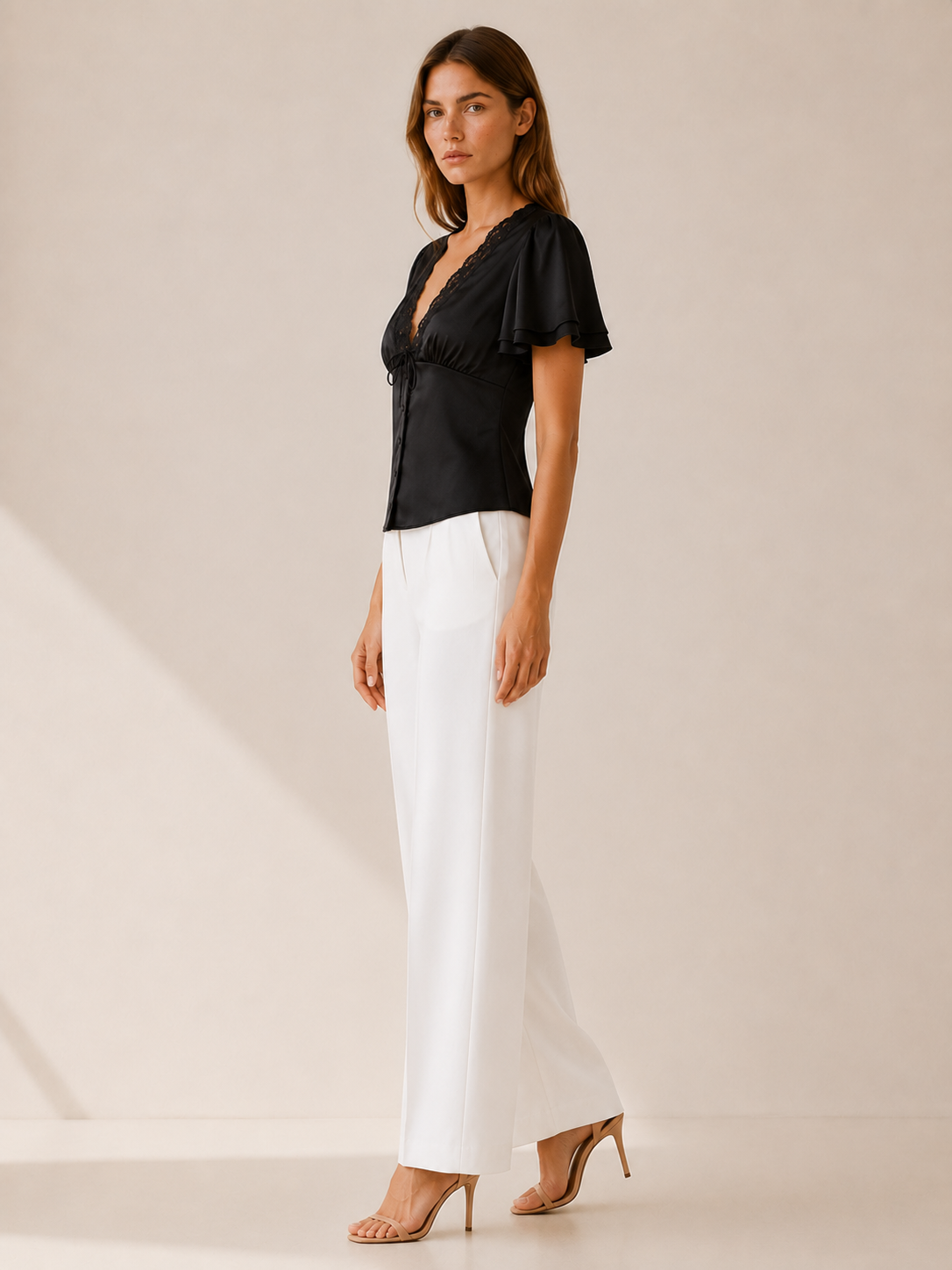 Cecilia | Women's Flutter Sleeve Lace Trim Blouse