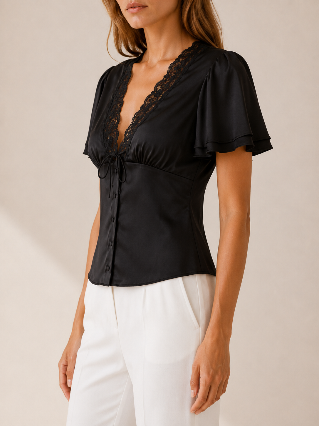 Cecilia | Women's Flutter Sleeve Lace Trim Blouse