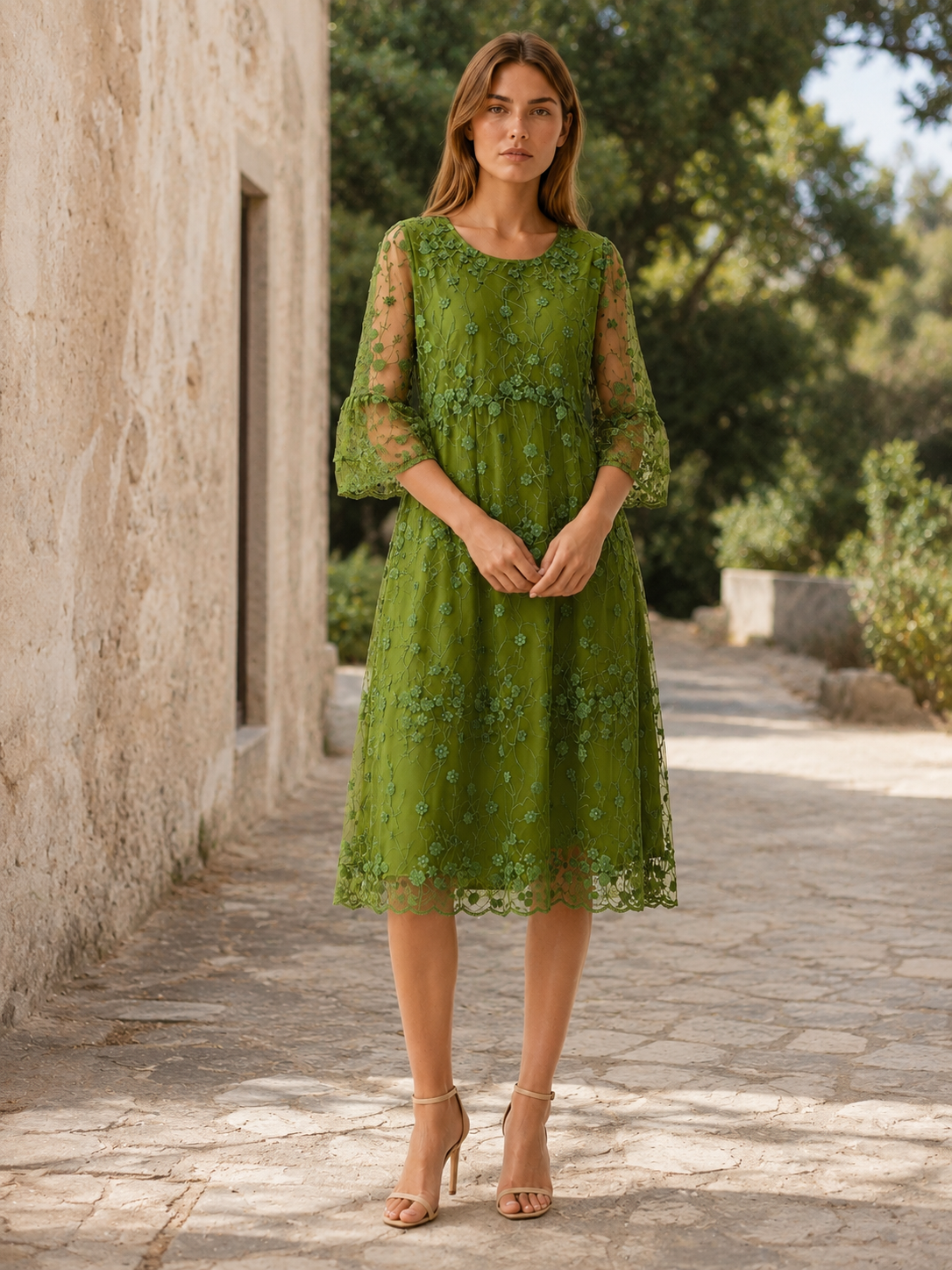 Celandra | Midi Dress with O Neck Detail