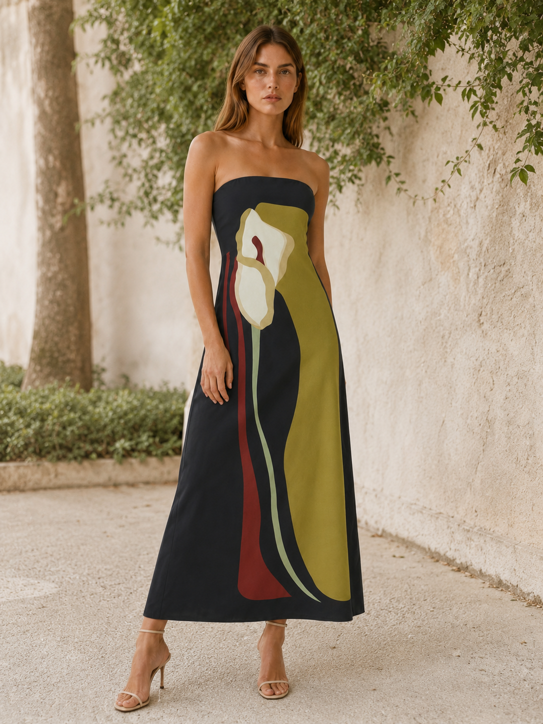 Cyrene | Strapless Maxi Dress with Abstract Print