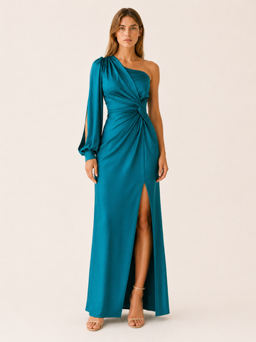 Damaris | Satin Maxi Dress with One-Shoulder Drape Gown