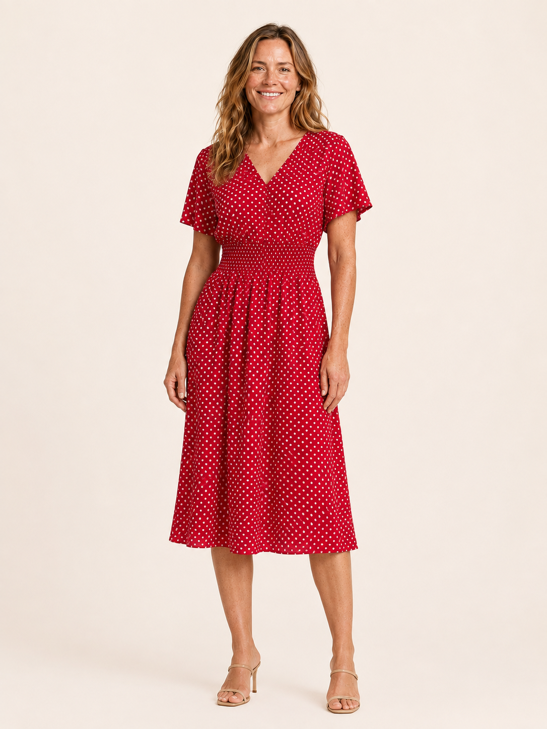 Delara | Women's Polka Dot Flutter Sleeve Wedding Guest Midi Dress