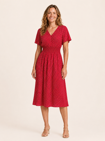 Delara | Women's Polka Dot Flutter Sleeve Wedding Guest Midi Dress