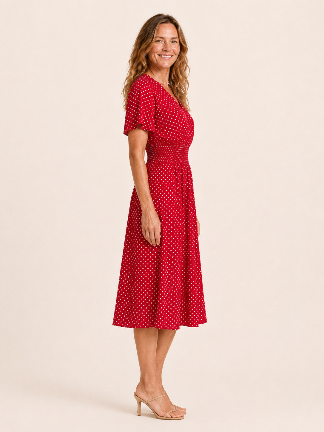 Delara | Women's Polka Dot Flutter Sleeve Wedding Guest Midi Dress