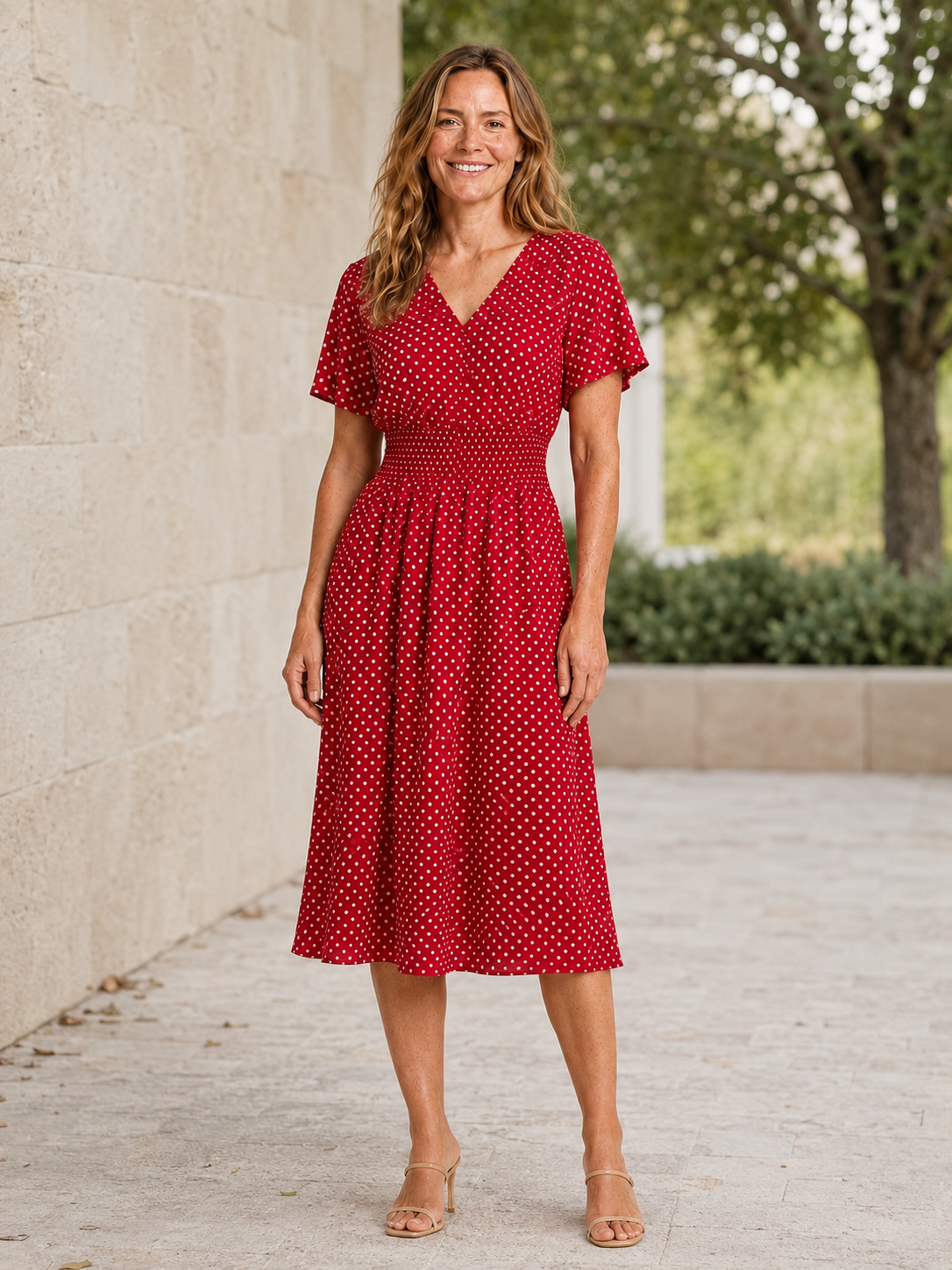 Delara | Women's Polka Dot Flutter Sleeve Wedding Guest Midi Dress