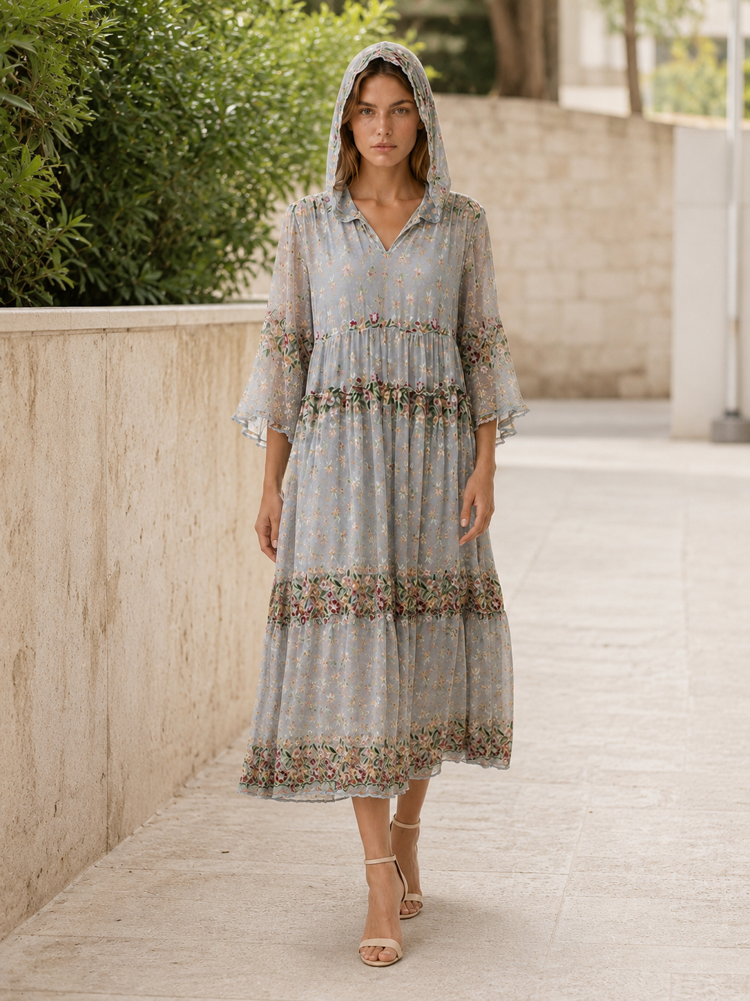 Delia | Hooded Midi Dress with V Neck Detail