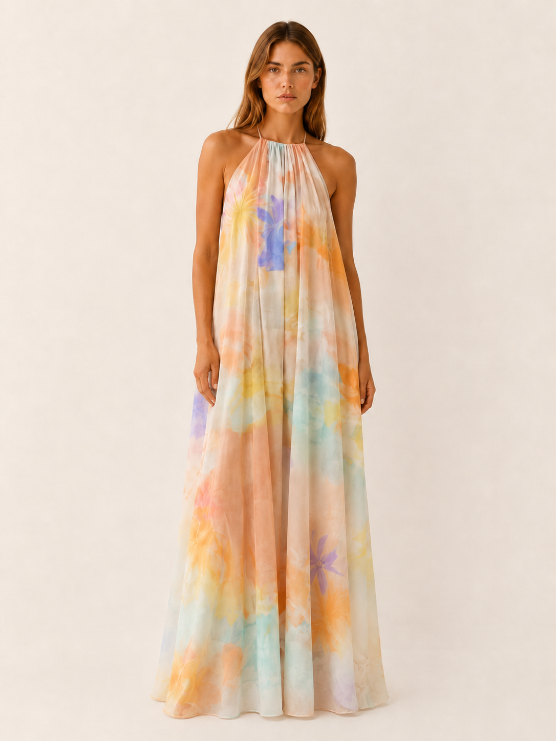 Ellis | Halter Neck Maxi Dress with Flowy Chiffon Wedding Guest