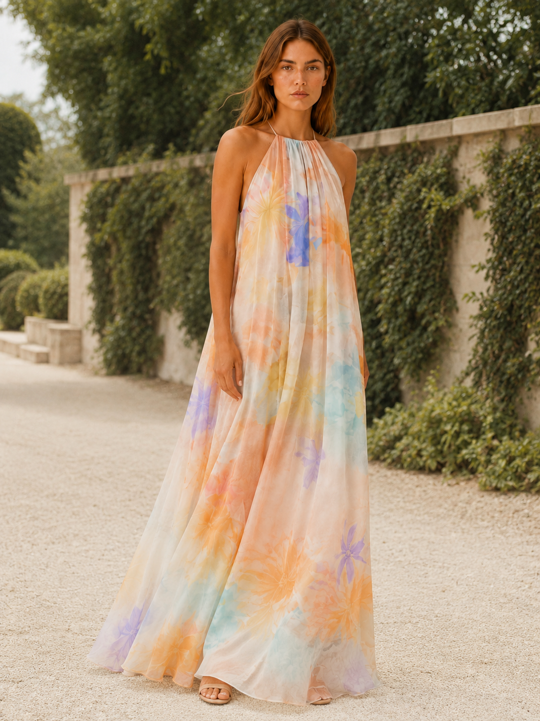 Ellis | Halter Neck Maxi Dress with Flowy Chiffon Wedding Guest