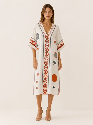 Elmore | Beach Midi Dress with V Neck Printed Kaftan Style