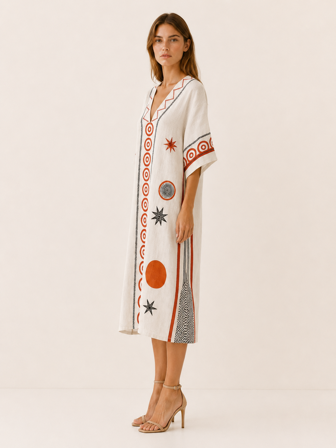 Elmore | Beach Midi Dress with V Neck Printed Kaftan Style