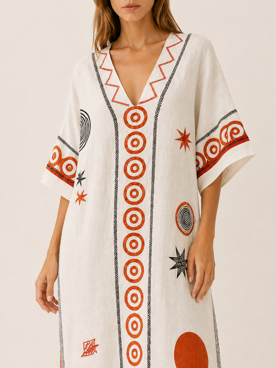 Elmore | Beach Midi Dress with V Neck Printed Kaftan Style