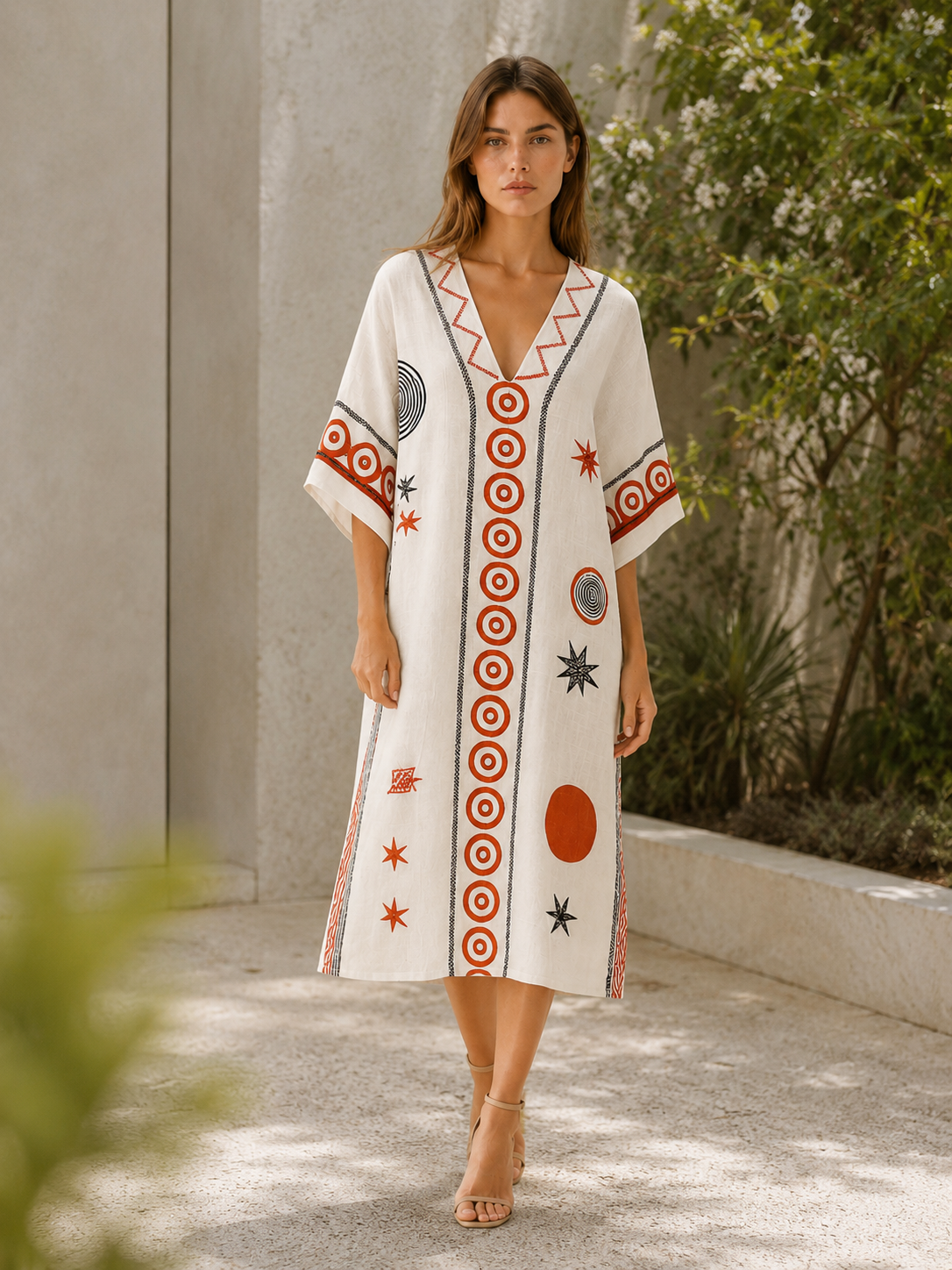Elmore | Beach Midi Dress with V Neck Printed Kaftan Style