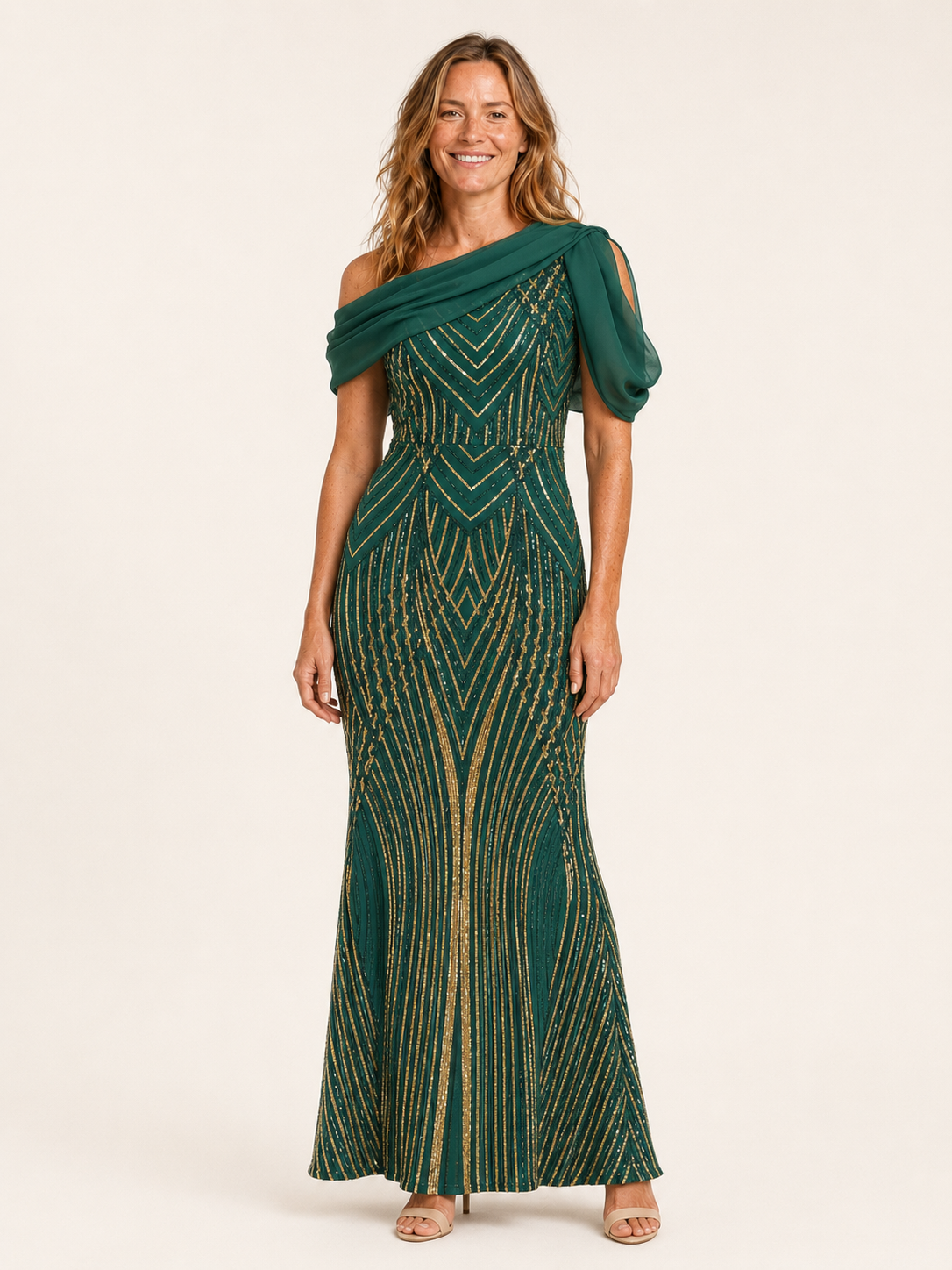 Elvoryn | Sequin Maxi Dress with Draped Shoulder