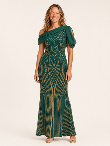 Elvoryn | Sequin Maxi Dress with Draped Shoulder