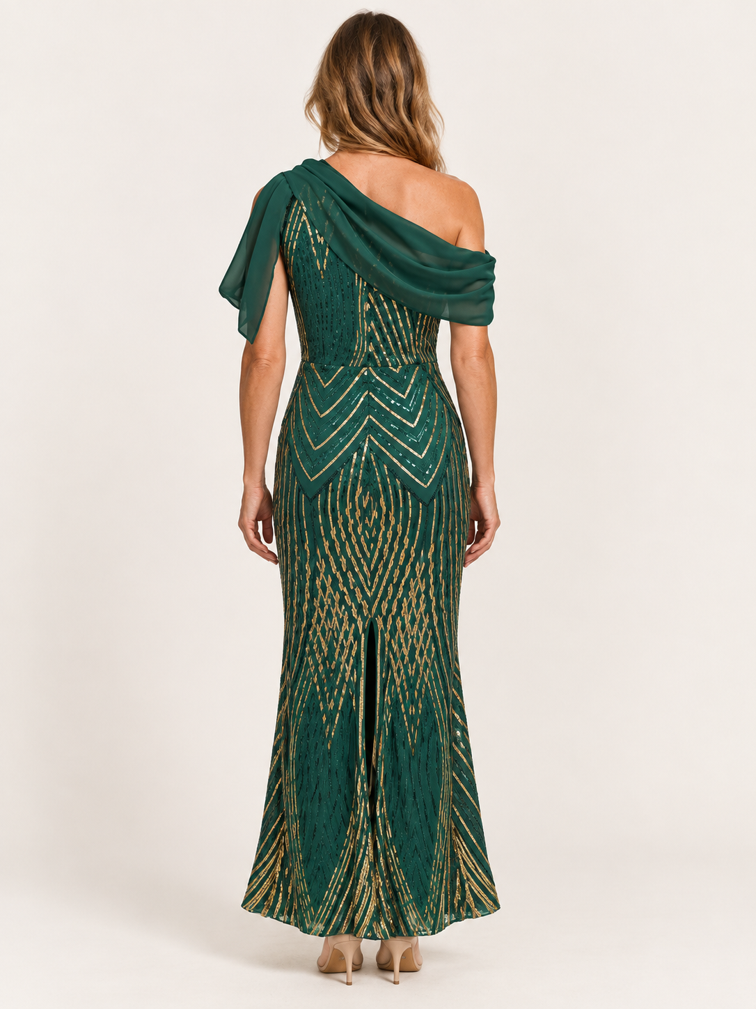 Elvoryn | Sequin Maxi Dress with Draped Shoulder
