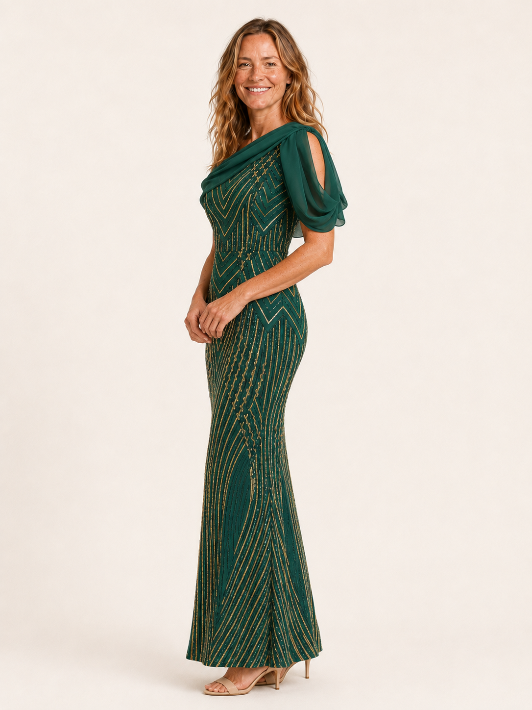 Elvoryn | Sequin Maxi Dress with Draped Shoulder