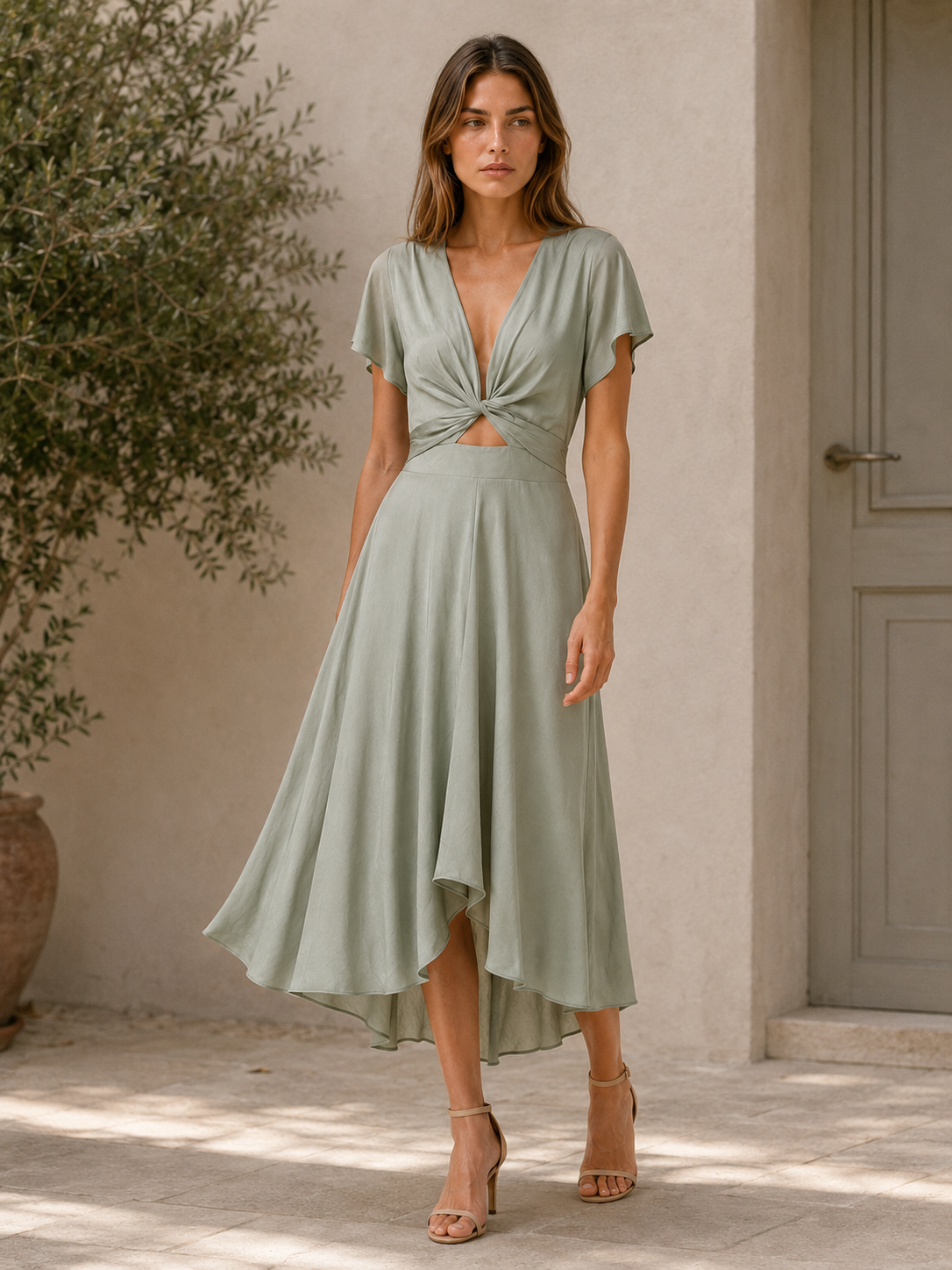 Elyse | Lightweight Summer Midi Dress with Deep V Neck