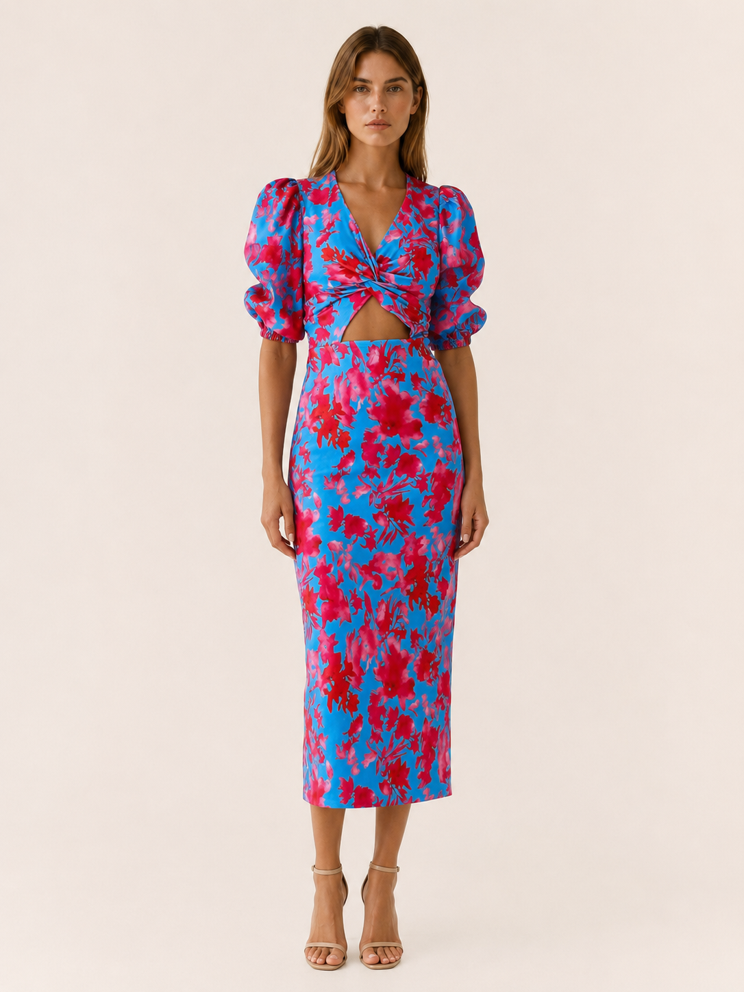 Eryva | Midi Dress with Puff Sleeves Cut-Out Detail
