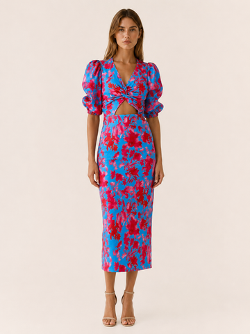 Eryva | Midi Dress with Puff Sleeves Cut-Out Detail