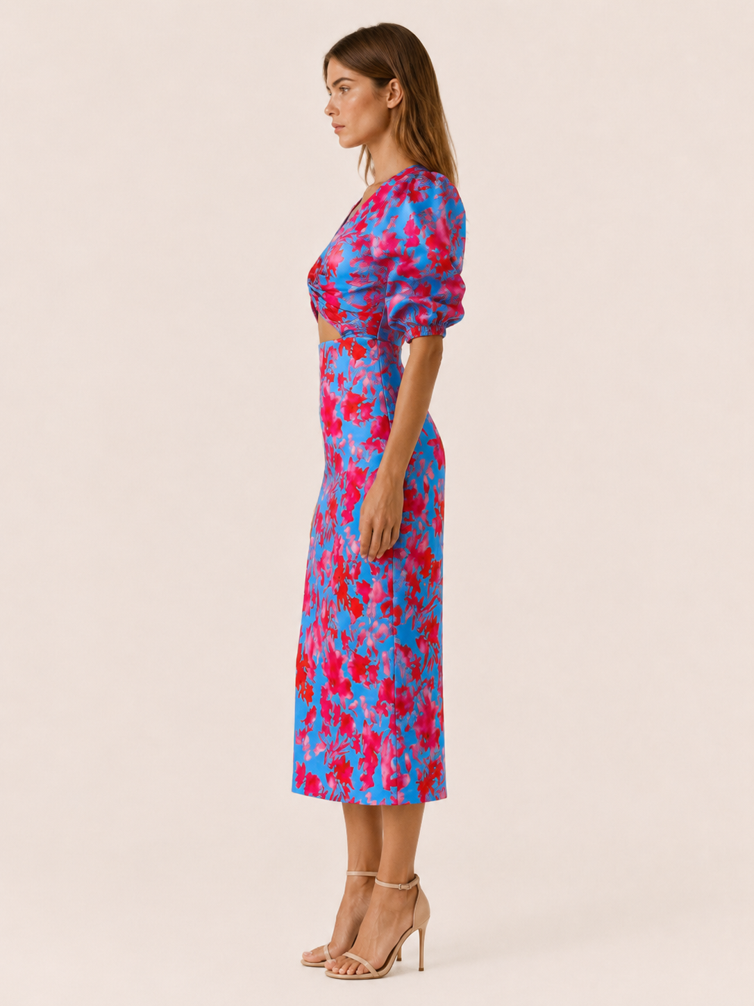 Eryva | Midi Dress with Puff Sleeves Cut-Out Detail