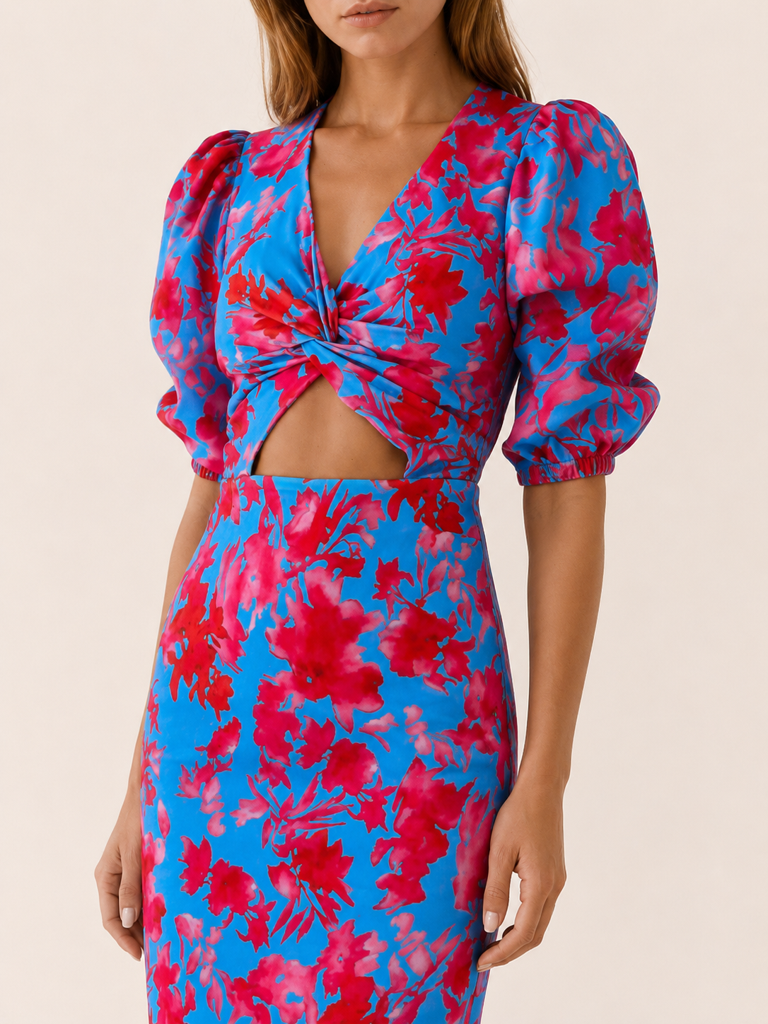Eryva | Midi Dress with Puff Sleeves Cut-Out Detail